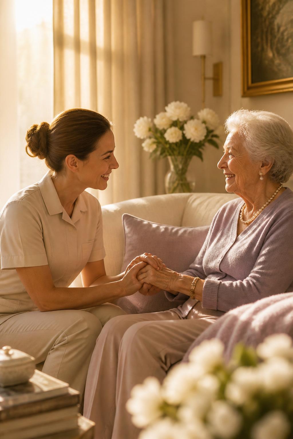 Caregiver holding hands with an elderly client
